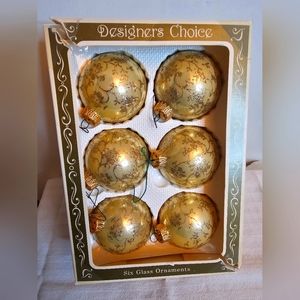 Vintage Krebs Glass Christmas Designer Ornaments Aspen Gold Set Of 6
